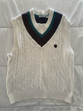 Izod Cream Cable-Knit V-Neck Sweater Vest with Brown & Teal Trim